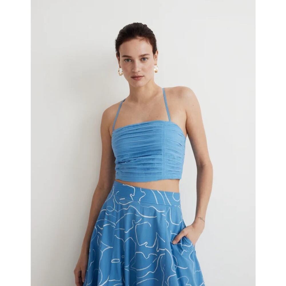 MADEWELL NWT Poplin Crop Tube Top Ornamental Blue Pleated Crisscross Size 6 - Picture 4 of 12